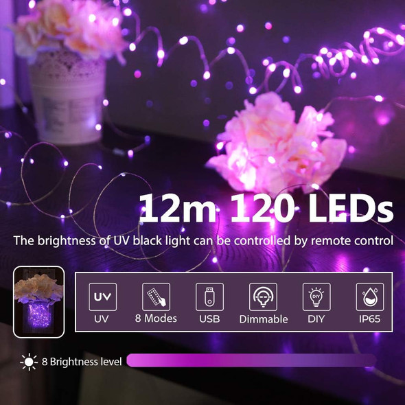 OMIKA 40ft LED UV Black Light, 120 Units 2835 LED UV Lamp Beads 8 Modes Flexible Blacklight Fixtures Fairy String Lights with Remote for Fluorescent Party Stage Lighting Body Paint Halloween Decor
