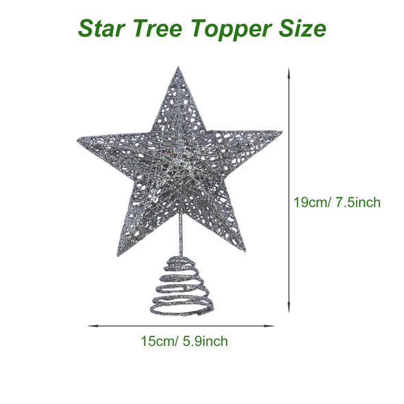 Silver Metal Christmas Tree Topper Glittered Xmas Treetop Hollow Star Topper for Christmas Party Home Decoration