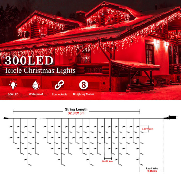 Christmas Lights Outdoor Icicle Lights 300LED 33FT 8 Modes, Connectable Hanging Fairy String Lights with 30V UL Plug in for Valentine Wedding Party Eave Garden Wall Indoor Decor, Red