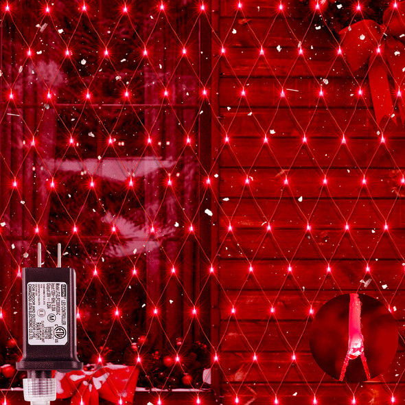 9.8ft x 6.6ft 192 LED Christmas Net Lights,8 Modes 30V Low Voltage Mesh Fairy String Lights for Christmas Trees, Bushes, Wedding, Garden, Outdoor Decorations (Red)