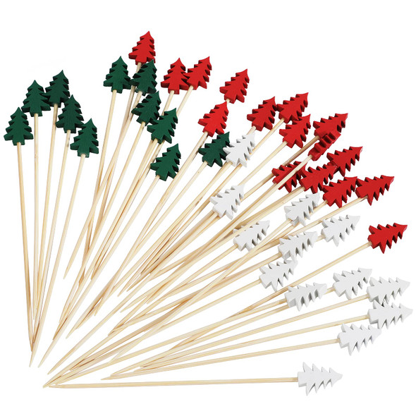 OOTSR Pack of 100 Wooden Christmas Tree Shape Cocktail Picks, Cocktail Picks 5.2 Inch Sandwich Fruit Sticks Pearl Bamboo Toothpicks for Party Appetizer Supplies Decorative