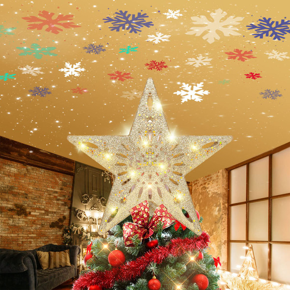 Star Christmas Tree Topper Lighted, Orenic Tree Star Topper with LED Rotating Colorful Snowflake Projector Lights, Hollow-Out Gold Star Tree Topper for Christmas/Xmas Tree Topper Decoration