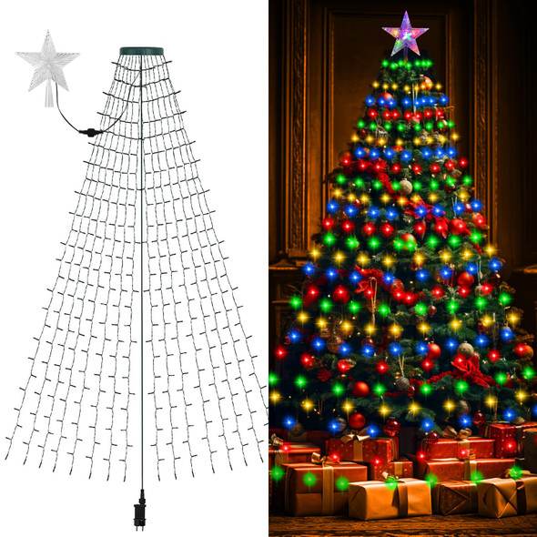 Christmas Tree Lights with Star - Christmas Lights Indoor 400led 6.6ft x 16 Lines Waterfall Christmas String Lights Outdoor 8 Models & Memory Function for Wedding Party Holiday Xmas Decorations(Color)
