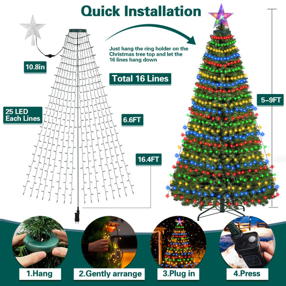 Christmas Tree Lights with Star - Christmas Lights Indoor 400led 6.6ft x 16 Lines Waterfall Christmas String Lights Outdoor 8 Models & Memory Function for Wedding Party Holiday Xmas Decorations(Color)