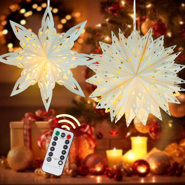 Christmas Paper Snowflake Lanterns, 2 Pack Christmas Paper Star Lantern with LED Light White Hanging Lamp Ornaments for Xmas Tree Year Winter Frozen Weddings Birthday Holiday Party Decorations