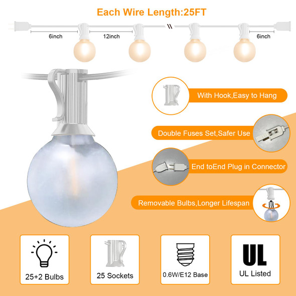 G40 LED Globe String Lights, 25Ft Outdoor Frosted White String Lights with 27 G40 Globe Bulbs, Hanging Backyard Lights Waterproof for Indoor Outside Garden Bistro Pergola Tents Decorations- White