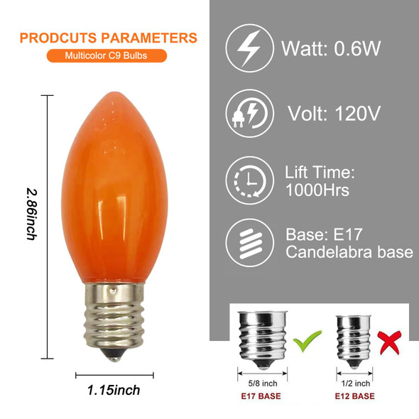 C9 Led Replacement Christmas Light Bulb, C9 Multicolor Led Bulbs for Christmas Outdoor String Lights, E17/C9 Intermediate Base-0.6 Watts, 25 Pack