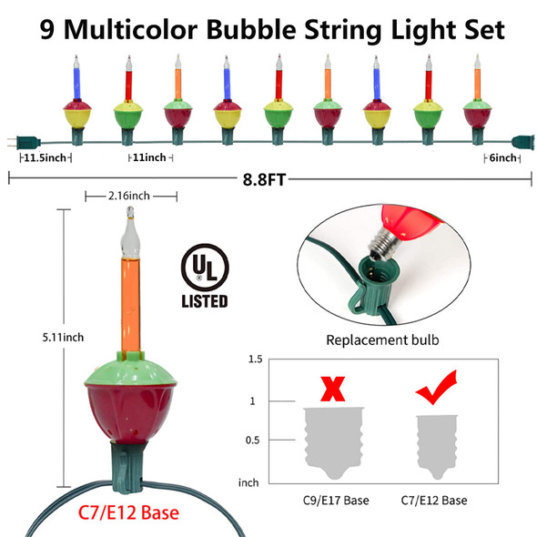 Christmas Bubble Lights Set, 8.8Ft Multicolor Bubble String Lights with 10 Multicolor Bubble Bulbs(1 Spare), C7/E12 Base, Vintage Christmas Bubble Lights for Christmas Tree Holiday Fireplace Decor