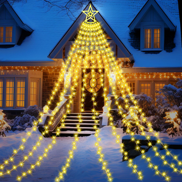 Christmas Decorations Star String Lights, 350 LED 12.6ft Outdoor Christmas Tree Lights with Topper Star, 8 Lighting Modes & Timer Waterproof Fairy Twinkle Lights for Xmas Year Party Holiday