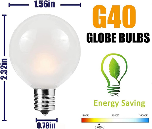 G40 Frosted Replacement Bulbs, 25 Pack 5 Watt G40 Replacement Light Bulbs for String Lights with 12/C7 Candelabra Base, G40 Incandescent Bulbs for Indoor Outdoor Decorative