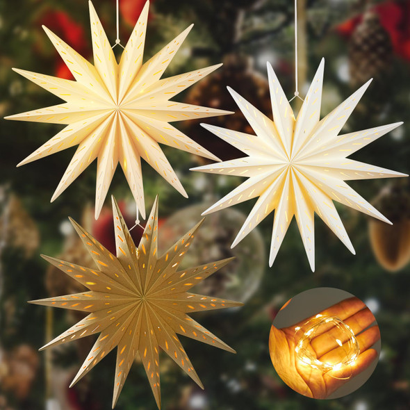 PAPER JAZZ 3 Pcs Christmas 3D Paper Star Lantern 9 Pointed Brown Hanging 12 Inch Beige Star Paper Lantern with String Light White Hollow Star Paper Lamp for Xmas Wedding Birthday Party Decorations PAPER JAZZ 3 Pcs Christmas 3D Paper Star Lantern 9 Pointed Brown Hanging 12 Inch Beige Star Paper Lantern with String Light White Hollow Star Paper Lamp for Xmas Wedding Birthday Party Decorations