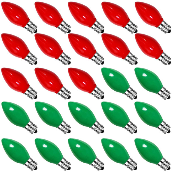 25 Pack C7 Christmas Red and Green Lights Replacement Ceramic Bulbs, Christmas Red Light Bulbs Green Light Bulbs for Christmas Day、Party and Wedding Decoration, E12 Candelabra Base, 5 Watts