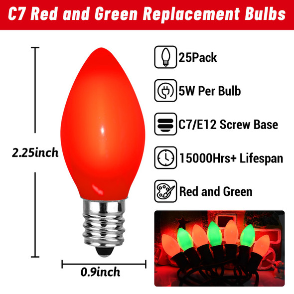 25 Pack C7 Christmas Red and Green Lights Replacement Ceramic Bulbs, Christmas Red Light Bulbs Green Light Bulbs for Christmas Day、Party and Wedding Decoration, E12 Candelabra Base, 5 Watts
