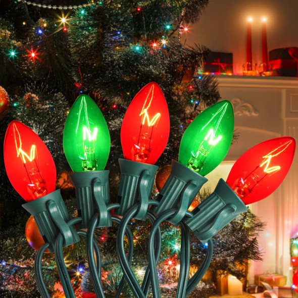 25FT C7 Red and Green Christmas Lights Outdoor, Christmas Decorations String Lights with 27 Red Green Clear Bulbs(2 Spare), Outdoor String Lights for Christmas Party Wedding Decoration, Green Wire