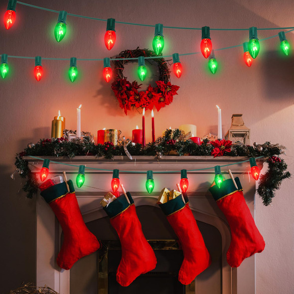 25FT C7 Red and Green Christmas Lights Outdoor, Christmas Decorations String Lights with 27 Red Green Clear Bulbs(2 Spare), Outdoor String Lights for Christmas Party Wedding Decoration, Green Wire