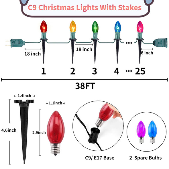 38 Feet Christmas Pathway Lights Christmas Decorations Outdoor Yard, C9 25 Walkway Lights with 25 Marker Stakes, Waterproof Connectable C9 String Lights for Driveway Yard Outdoor Christmas Decorations