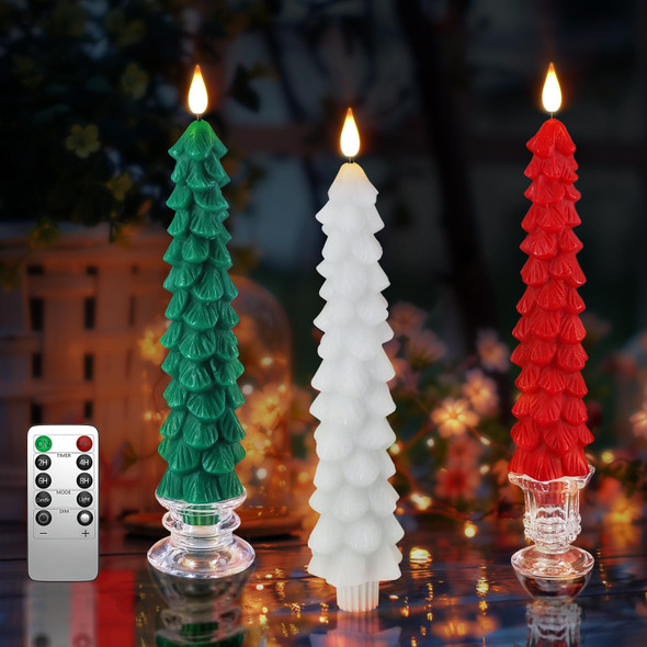 PChero Christmas Tree Candles with Remote Timer, 3 Pack 9.7 Inches Real Wax Flameless Window Candles Battery Operated Taper Candle Sticks for Xmas Fireplace Holiday Party Home Room Decor