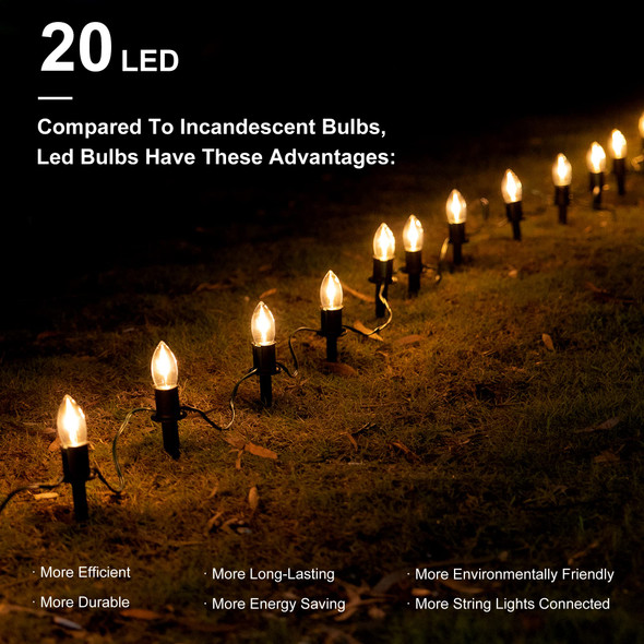 C9 Christmas Pathway Lights Outdoor LED - 24.2 Feet String Lights with 20 Bulbs, Waterproof Christmas Path Lights with Stake for Yard, Garden, Lawn, Walkway, Driveway, Sidewalk, Warm White