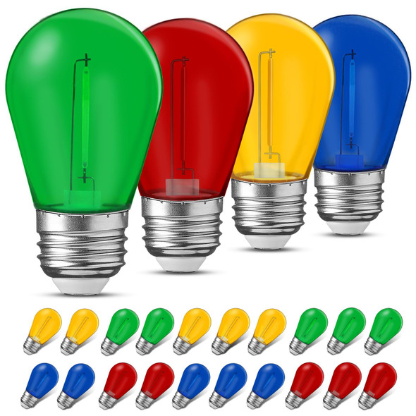 24 Pcs Christmas Colored LED String Light Bulbs Plastic Waterproof S14 Replacement Bulbs E26 Base 1 Watt LED Bulb for Indoor Outdoor String Lights Christmas Decoration(Multicolor)