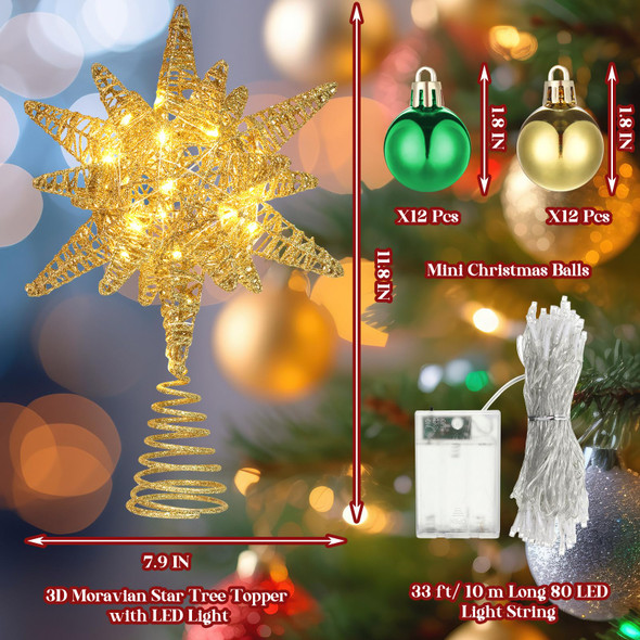 Poen 26 Pcs Christmas Tree Decoration Set,11.8" Gold Christmas Star Tree Topper 33 ft 80 LED Lights and 24 Pcs Mini Xmas Hanging Balls Ornament for Winter Holiday Christmas Decor(Gold, Green)