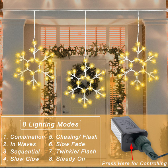 Christmas Snowflake Icicle Lights Outdoor Decoration, LED String Lights 8 Modes, Hanging Twinkle Fairy Lights for Roof Window Home Party Garden Yard Christmas Decoration, Warm White