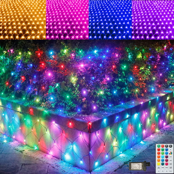 RGB Net Lights, Christmas Color Changing Outdoor LED Mesh Lights, 14.8x4.9 ft 240 LED Christmas Net Light Decorations, Connectable Plug in Waterproof Tree Light Bushes Wedding Garden Halloween Decor