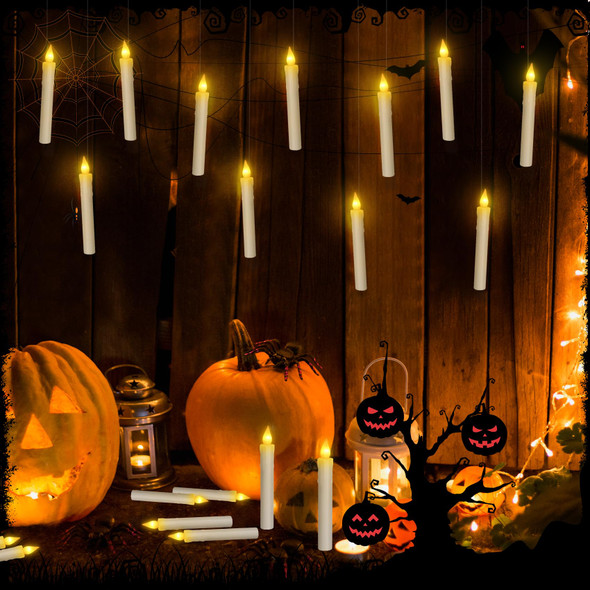 Floating Candles with Magic Wand Remote-Halloween Decorations 12 PCS LED Flameless Taper Candle with Remote Timer-Battery Operated Flickering Hanging Xmas Candle Lights Best for Christmas Decor