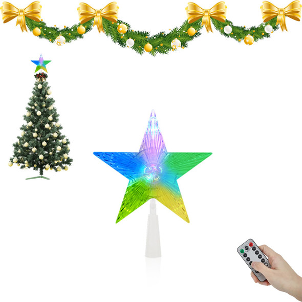 Christmas Star Tree Topper, Color Changing with Remote Controller 3AA Battery Powered 8 LED Light Modes Topper Lighted 7inch Star for Xmas Tree Decorations