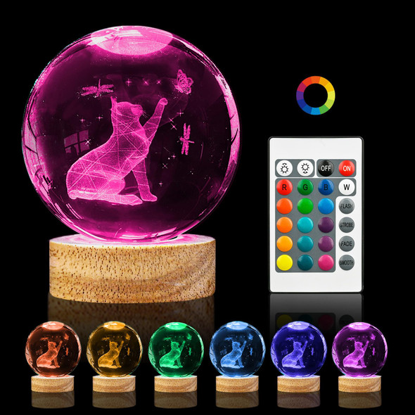 3D Cat Crystal Ball Night Light 3.15in K9 Cat Lamp with 16 Colors Change Wooden Base and Remote Control Christmas Cat s for Cat Lovers Girl Women Friends