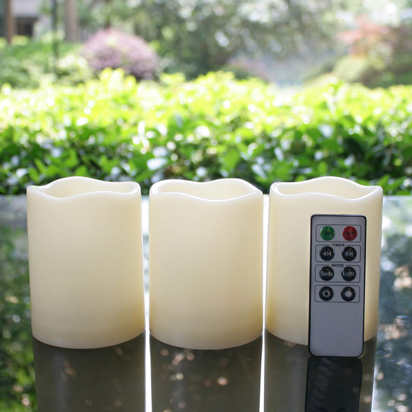 Outdoor Waterproof Battery Operated Flameless LED Pillar Candles with Remote Timer Flickering Electric Plastic Resin Decorative Lights for Xmas Christmas Wedding Party Decorations s Supplies 3 PCS