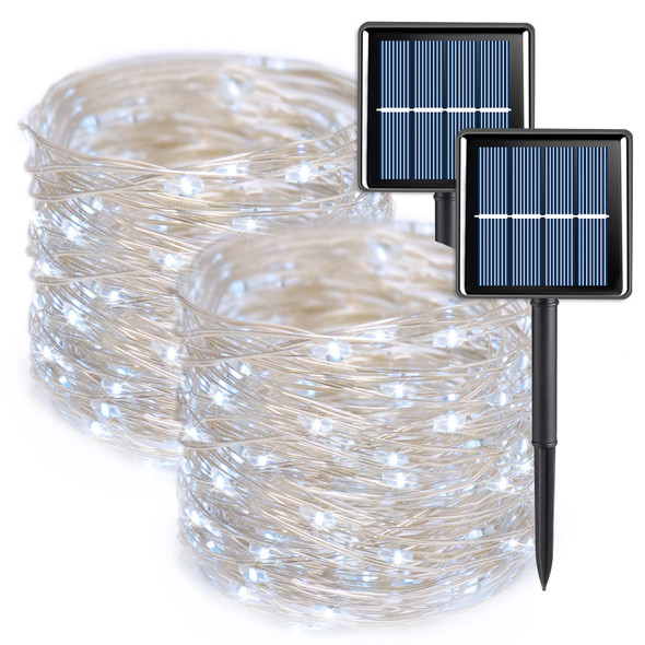 QITONG White Solar Christmas Lights, 2 Pack Each 66ft 200 LED Solar Fairy Lights Outdoor Waterproof, 8 Modes Silver Wire Solar Twinkle Mini Lights QITONG White Solar Christmas Lights, 2 Pack Each 66ft 200 LED Solar Fairy Lights Outdoor Waterproof, 8 Modes Silver Wire Solar Twinkle Mini Lights