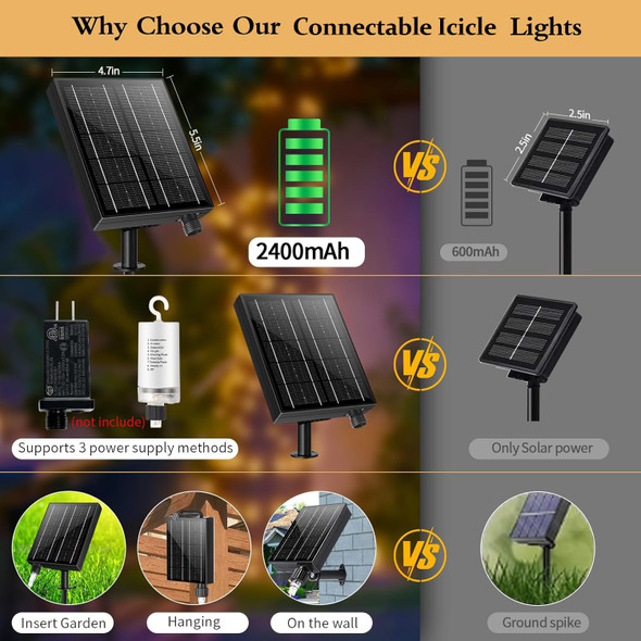 Solar Icicle Lights Christmas Decorations 60+16Ft 600 LED Christmas Lights Outdoor Waterproof 2400mAH Connectable Rechargeable Dimmable Remote 8 Modes Twinkle Curtain Light for Halloween Balcony Patio