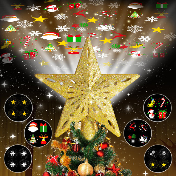 Christmas Tree Topper Lighted with 6 Projection Modes, Plug in Hollowed Pentagram Star Tree Topper Built-in LED Rotating Lights, 3D Glitter Dynamic Projection for Christmas Tree Decor(Gold)