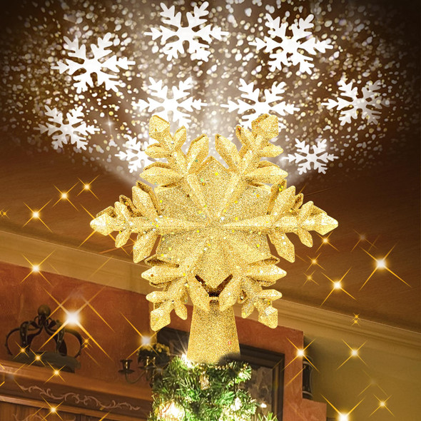 Christmas Tree Topper Lighted, Rotating Snowflake Pattern Projector, 3D Hollow Glitter Lighted Snow Tree Topper for Xmas Party Holiday Christmas Tree Decorations(Gold Snow)