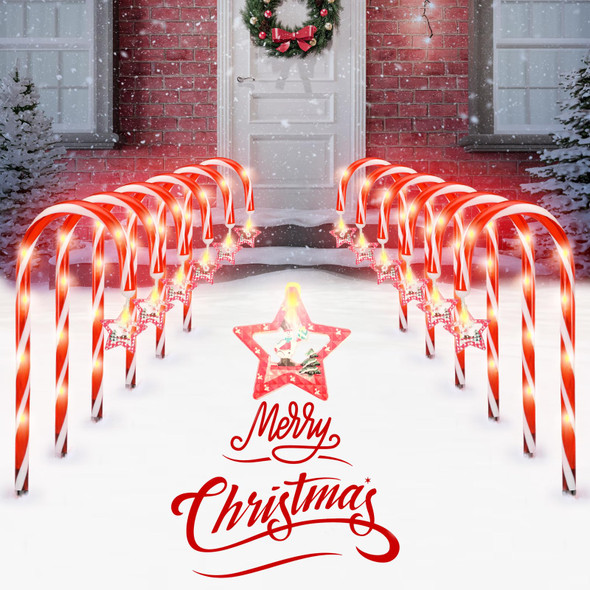 Candy Cane Lights with Red Star and Snowman, Outdoor Christmas Decoration Path Lights,8 Modes-Powered by USB Port (Non-Solar) for Holiday Party Garden Lawn Yard Decor, 12" Total Height, 12 Pack