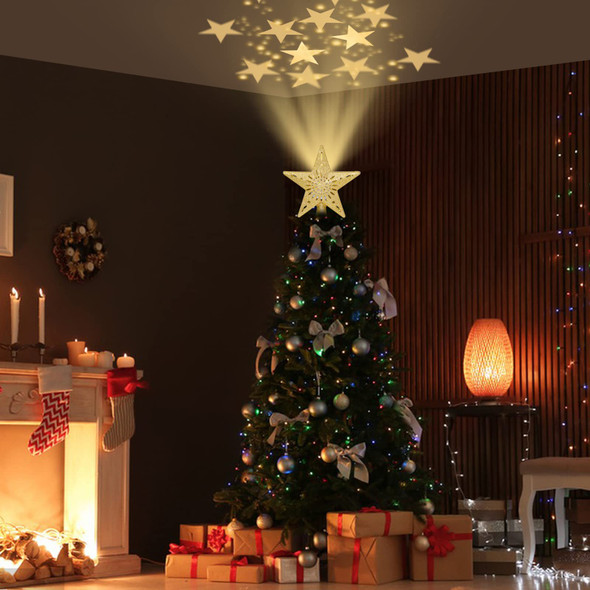 Christmas Tree Topper, Christmas Decoration Tree Top Star 3D Projection Lamp with Rotating Star Projector Lights,for Christmas Decorations Xmas Year Holiday Party (Five-Pointed Star)