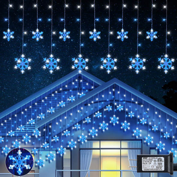 Christmas Snowflake Icicle Lights,6.5ft 144LED Curtain Lights with 12 Drops,Timer 8 Modes Connectable,Waterproof Fairy Light for Eaves, Garden, Indoor Outdoor Xmas Decoration (Blue White)