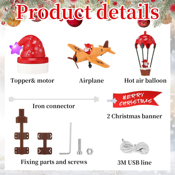 Christmas Animated Tree Topper with Banner Christmas Santa's Hot Air Balloon and Plane with Banner Funny Christmas Tree Topper Christmas Tree Decorations