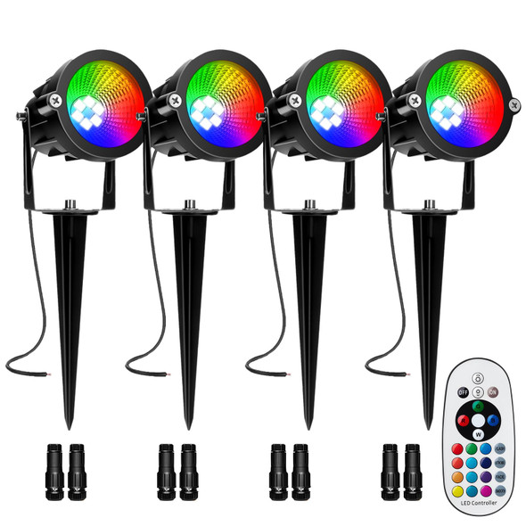 RGBW Low Voltage Landscape Lighting with Connectors, 10W 12V Color Changing LED Spotlights with Remote for Halloween Christmas, IP65 Waterproof Outdoor Landscape Lights for Garden Yard 4 Pack