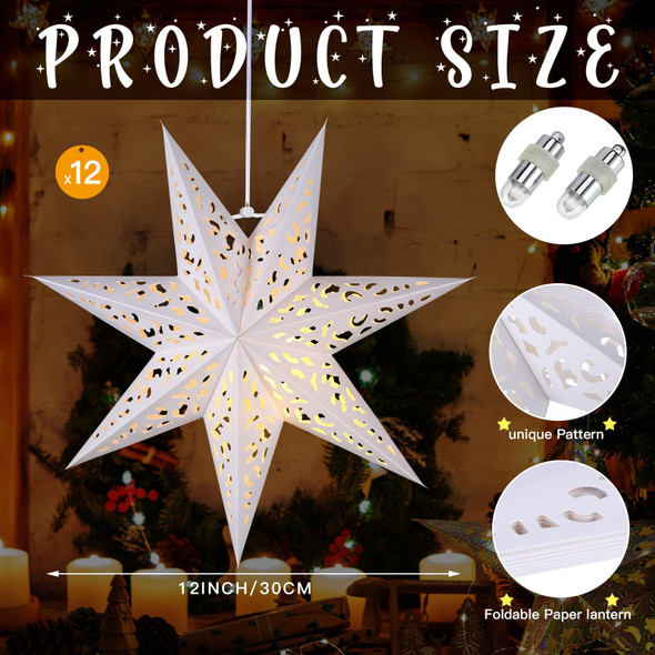Retisee 12 Pcs 14in Christmas Paper Star Lantern Star 7 Pointed Light Snowflake Ceiling Lantern Moroccan Paper Star with 12 LED Light for Xmas, Wedding, Holiday Birthday Party Celebration(White)