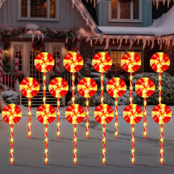 Retisee 16 Pack 320 LED Christmas Pathway Lights Lollipop Christmas Lights 28 Inch Candy Cane Lights Outdoor Pathway Markers 8 Modes Waterproof String Lights for Holiday Party Garden Yard Decor