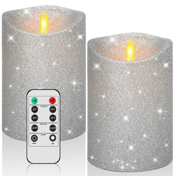 Retisee 2 Pcs Glitter Flameless Candles, 3.5'' x 5'' Realistic Artificial Metallic Flame LED Candles Battery Operated Candle with Remote for Christmas, Wedding, Birthday, Anniversary(Sliver)