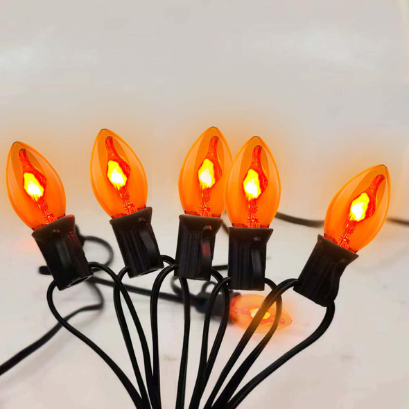 25ft C7 Clear Flame String Outdoor&Indoor Light for Christmas Halloween, 25 C7 Orange Flame Light Bulb(Plus 2 Extra Bulbs) 1W, C7/E12 Base-Black Wire