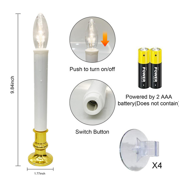 4 Pack Christmas Window Candle Lamps, Battery Operated LED Christmas Window Candle Lights with Automatic Timer and C26 3V LED Bulbs Candlestick for Indoor Windows Table Decor, 4 Suction Cup