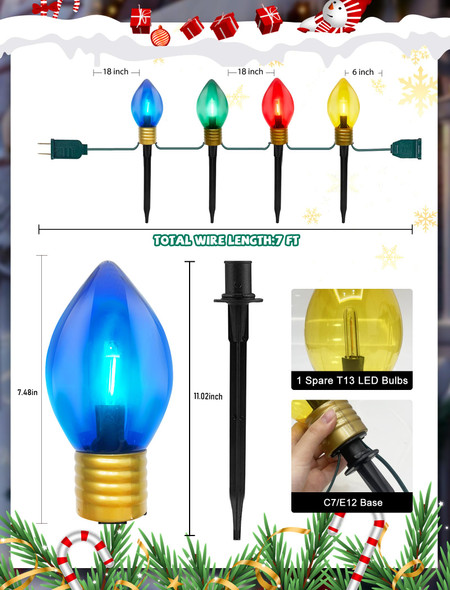 Jumbo C9 Christmas Pathway Lights Outdoor, 7FT C9 Walkway Lights with 4 LED Jumbo Multicolor Bulbs Christmas Yard Decoration Lights for Holiday Outside Lawn Garden Driveway Decor