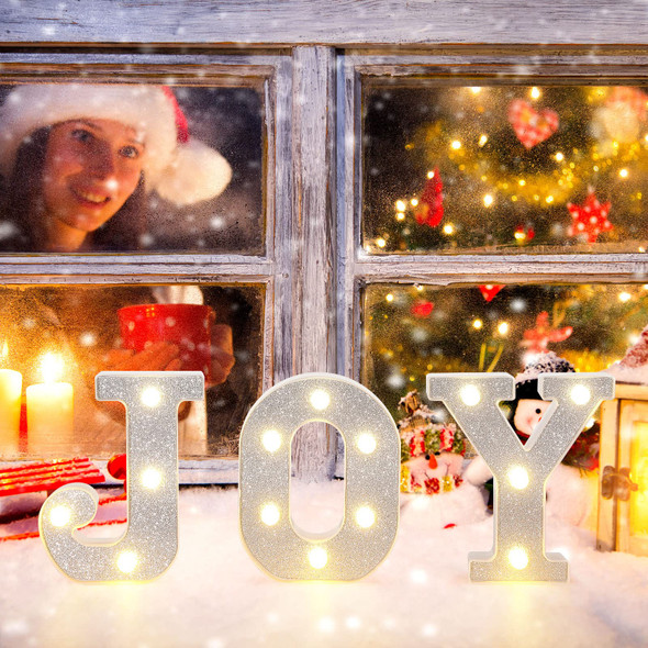 3 Pcs Christmas Joy LED Letter Lights Sign Light up Neon Letters Joy Sign Glitter Alphabet Sign Decorative Marquee Letter Battery Powered Light Decor for Xmas Party Home Wedding, J, O, Y (Silver)