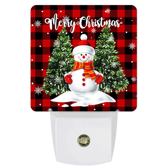 Merry Christmas Snowman Night Lights Cute Snowman Christmas Tree Red Buffalo Plaid Plug-in LED Night Lamp, Auto Dusk-to-Dawn Sensor White Light Ultra Low Power for Bedroom/Bathroom/Hallway/Kid's Room