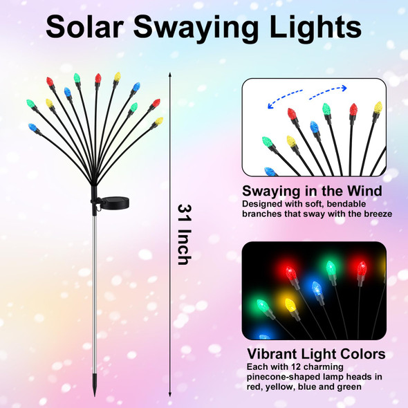 4 Pcs Solar Outdoor Lights for Garden Yard Pathway Patio Lawn Christmas Swaying Lights Outdoor Decoration Waterproof 48 LED Stake Fairy Lights for Outside Holiday Decor(Multicolor)