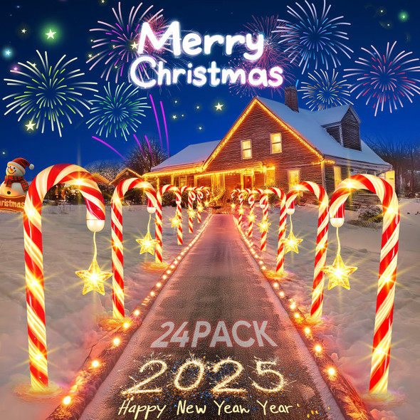 Christmas Decorations Solar Lights Outdoor: 24 Pack 144 LED Solar Christmas Lights Outdoor Waterproof, 8 Modes Solar Powered Candy Cane Lights for Pathway Yard Garden Porch Patio Holiday Xmas Decor