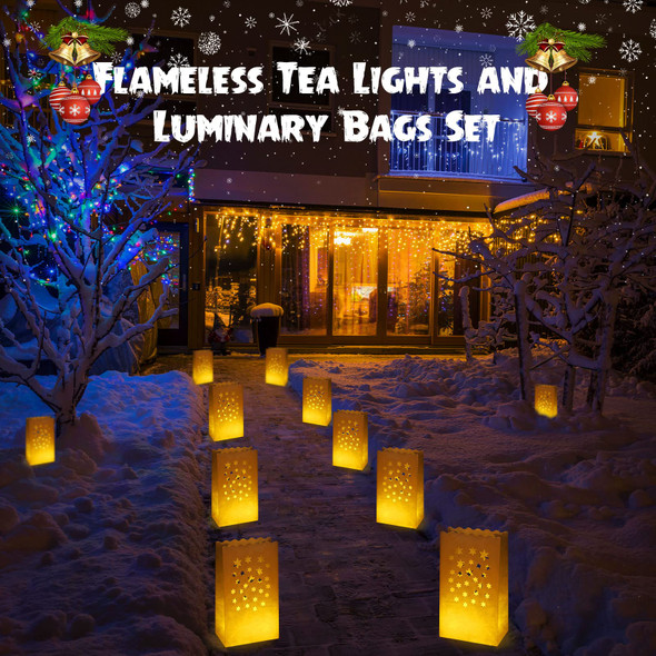 50 Set Luminary Paper Bags with Flameless Tea Lights, Christmas LED Tea Light Flameless Candle with Luminaries Candle Bag for Birthday Wedding Halloween Christmas Thanksgiving Party Decor (Star)
